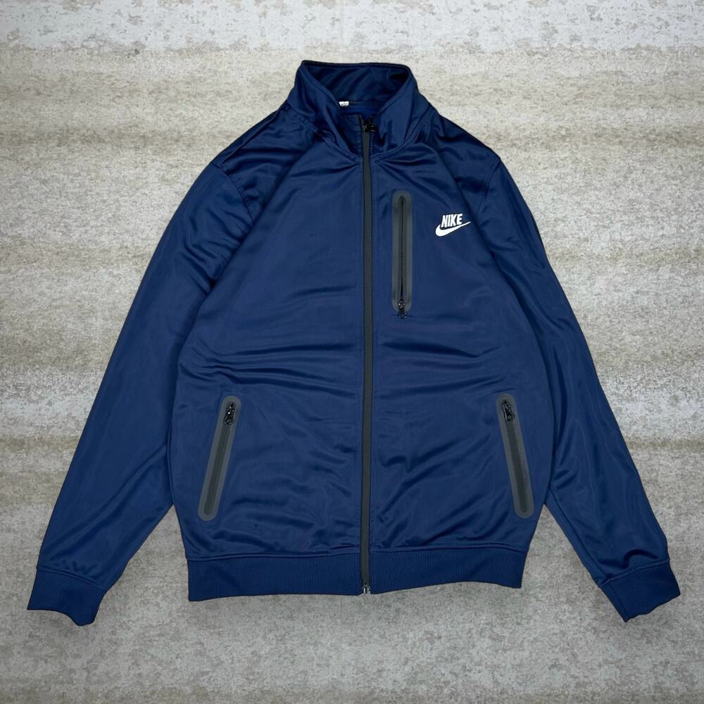 Vintage 90s Nike Track Jacket Men L Navy Blue White Swoosh Polyester Embroidered